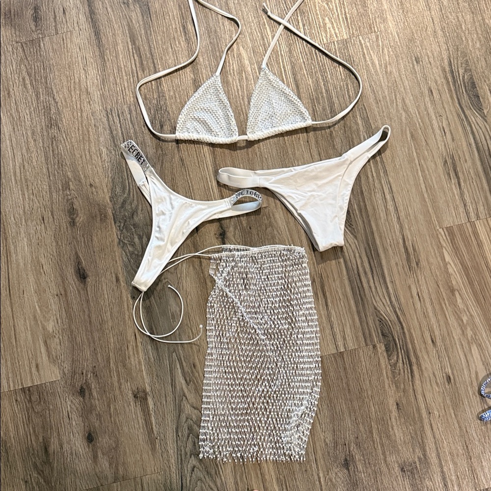 White Bikini set with coverup skirt Rhinestone Details xs